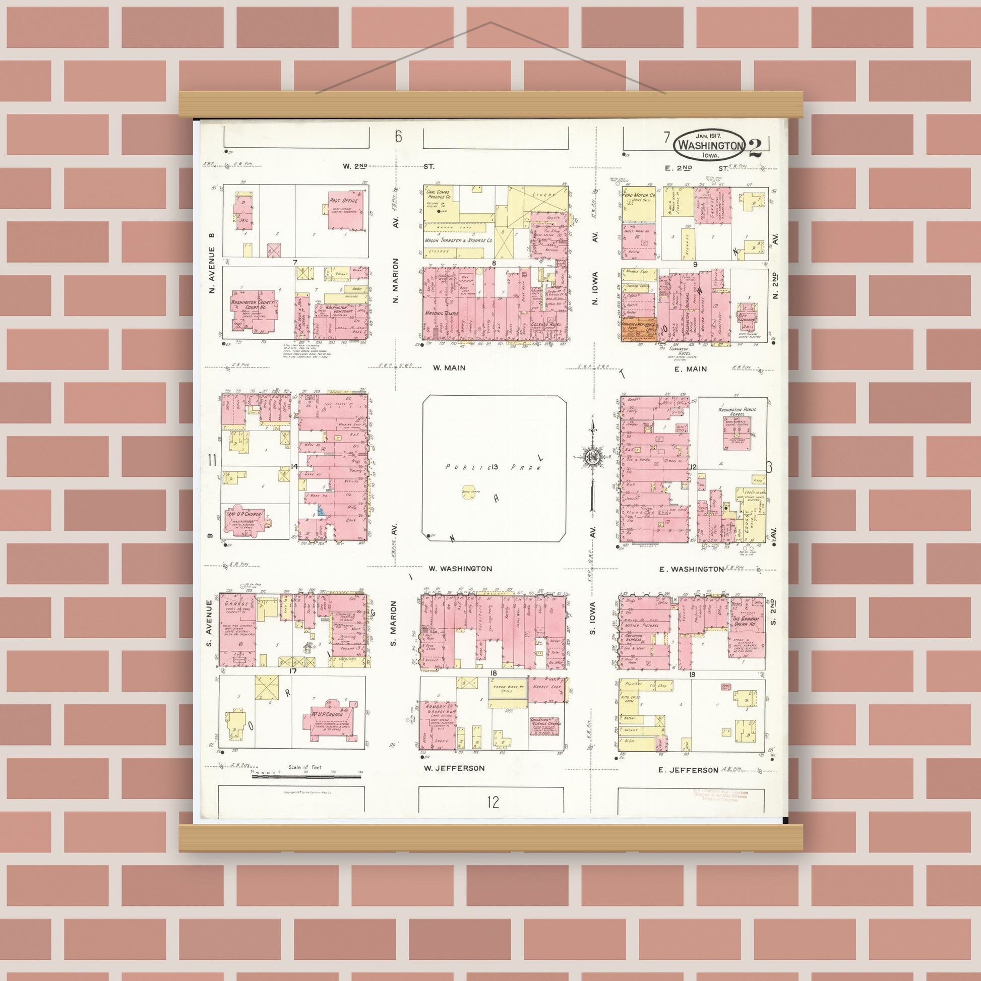 Old map wall art mockup — magnetic wood frame on brick wall — Sanborn Fire Insurance Map from Washington, Washington County, Iowa (1917), Sheet #0002