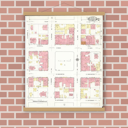 Old map wall art mockup — magnetic wood frame on brick wall — Sanborn Fire Insurance Map from Washington, Washington County, Iowa (1917), Sheet #0002
