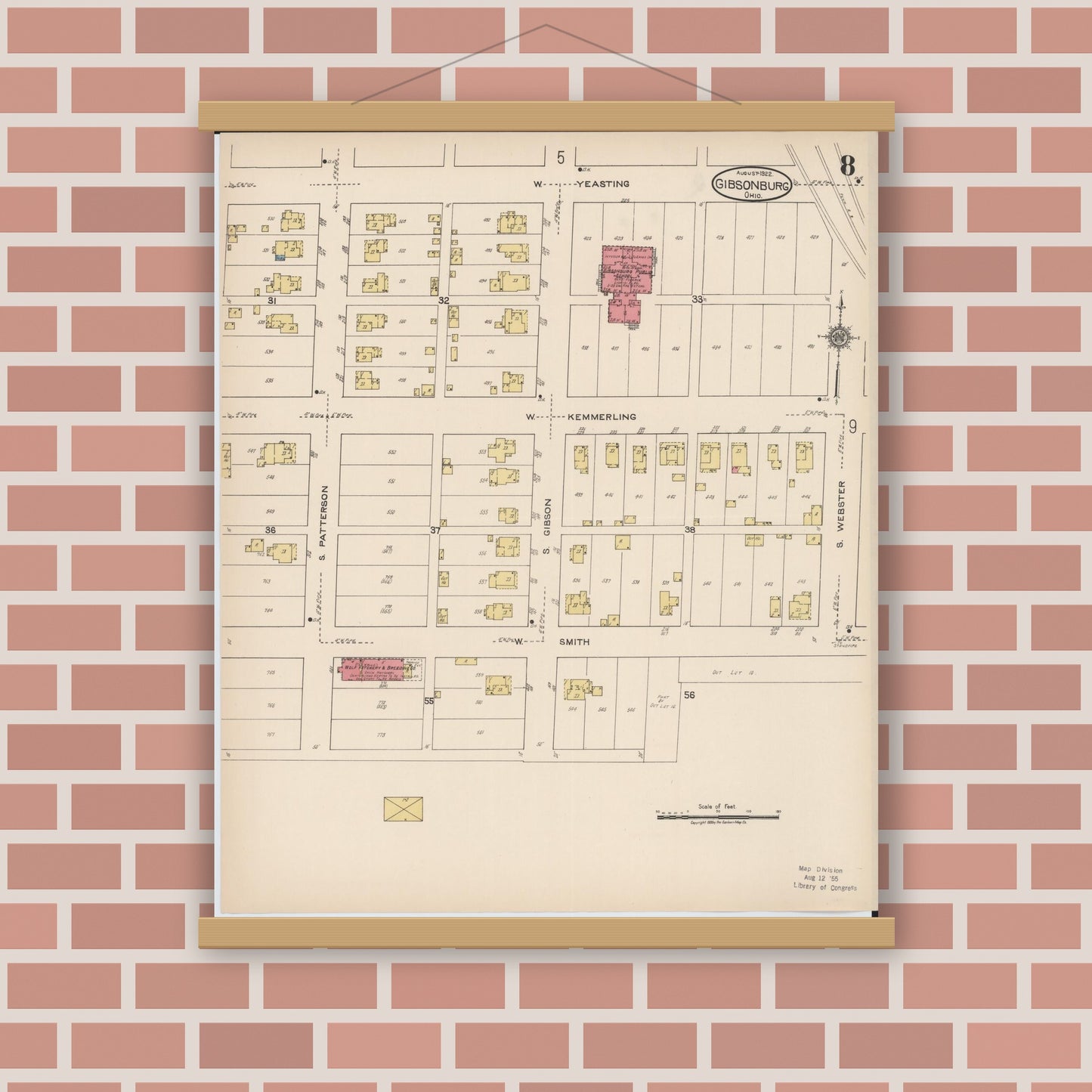 Old map wall art mockup — magnetic wood frame on brick wall — Sanborn Fire Insurance Map from Gibsonburg, Sandusky County, Ohio (1922), Sheet #0008