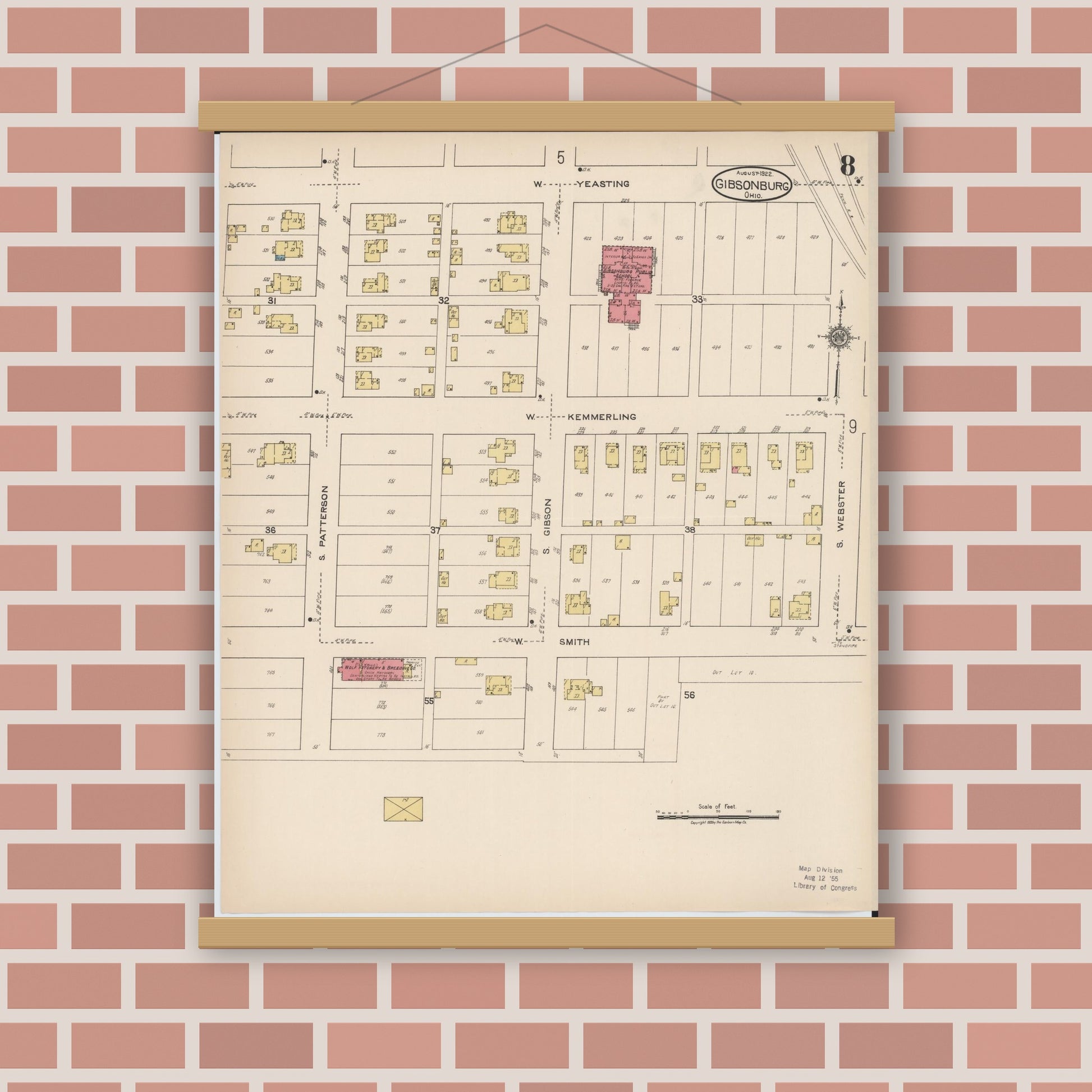 Old map wall art mockup — magnetic wood frame on brick wall — Sanborn Fire Insurance Map from Gibsonburg, Sandusky County, Ohio (1922), Sheet #0008