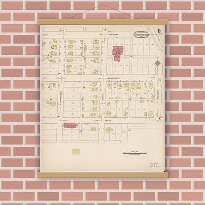 Old map wall art mockup — magnetic wood frame on brick wall — Sanborn Fire Insurance Map from Gibsonburg, Sandusky County, Ohio (1922), Sheet #0008