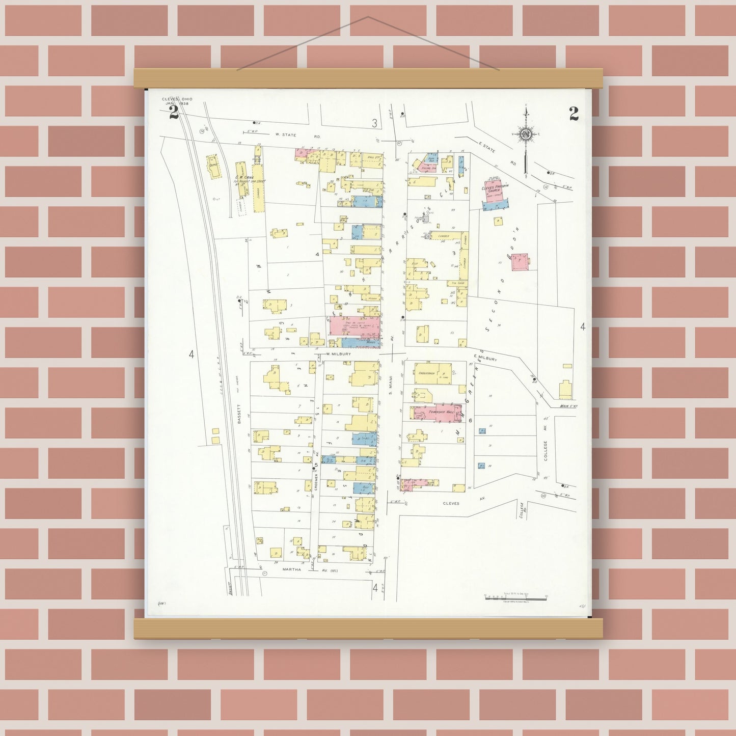 Old map wall art mockup — magnetic wood frame on brick wall — Sanborn Fire Insurance Map from Cleves, Hamilton County, Ohio (1938), Sheet #0002