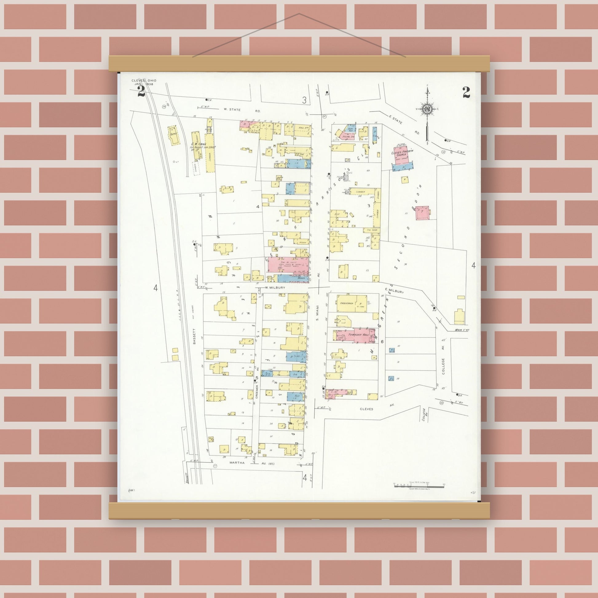 Old map wall art mockup — magnetic wood frame on brick wall — Sanborn Fire Insurance Map from Cleves, Hamilton County, Ohio (1938), Sheet #0002