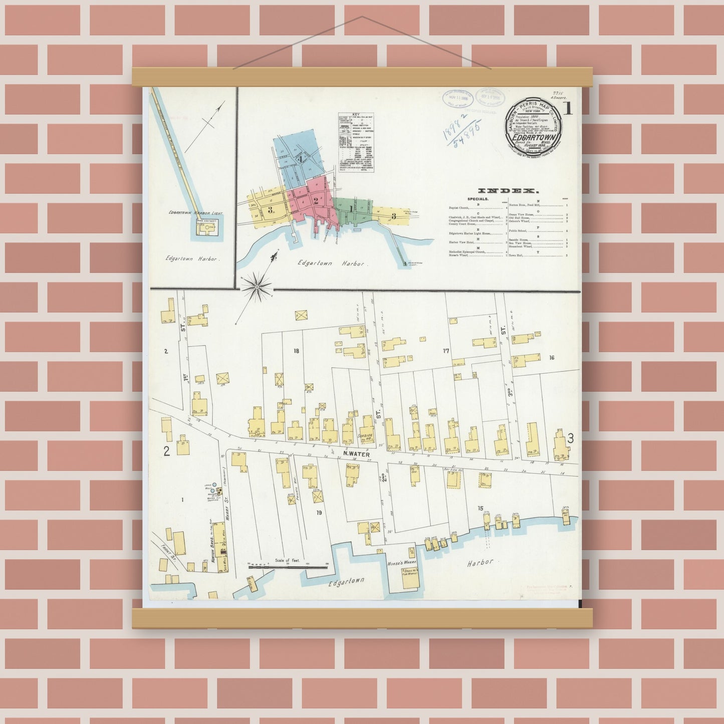 Old map wall art mockup — magnetic wood frame on brick wall — Sanborn Fire Insurance Map from Edgartown, Dukes County, Massachusetts (1898), Sheet #0001