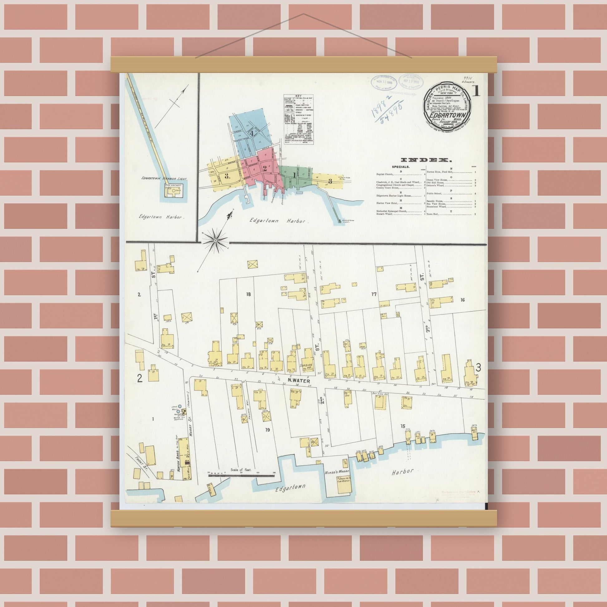Old map wall art mockup — magnetic wood frame on brick wall — Sanborn Fire Insurance Map from Edgartown, Dukes County, Massachusetts (1898), Sheet #0001
