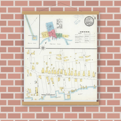 Old map wall art mockup — magnetic wood frame on brick wall — Sanborn Fire Insurance Map from Edgartown, Dukes County, Massachusetts (1898), Sheet #0001