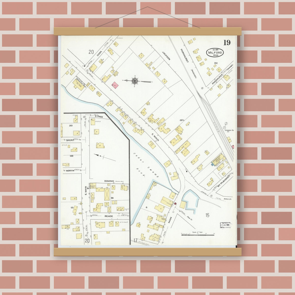 Old map wall art mockup — magnetic wood frame on brick wall — Sanborn Fire Insurance Map from Milford, Worcester County, Massachusetts (1910), Sheet #0019