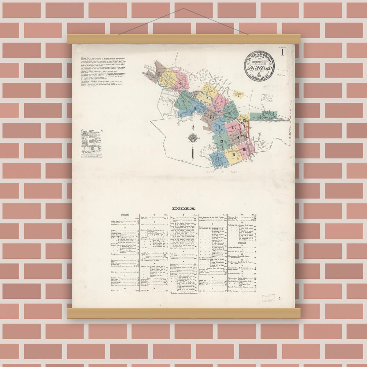 Old map wall art mockup — magnetic wood frame on brick wall — Sanborn Fire Insurance Map from San Anselmo, Marin County, California (1919) - Complete Map Set