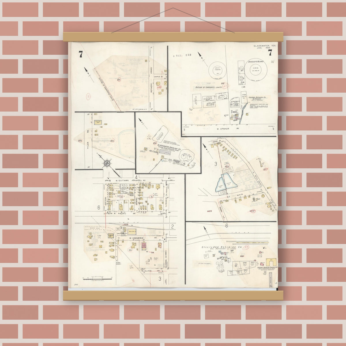 Old map wall art mockup — magnetic wood frame on brick wall — Sanborn Fire Insurance Map from Gladewater, Gregg County, Texas (1938), Sheet #0007