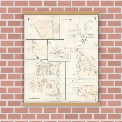 Old map wall art mockup — magnetic wood frame on brick wall — Sanborn Fire Insurance Map from Gladewater, Gregg County, Texas (1938), Sheet #0007