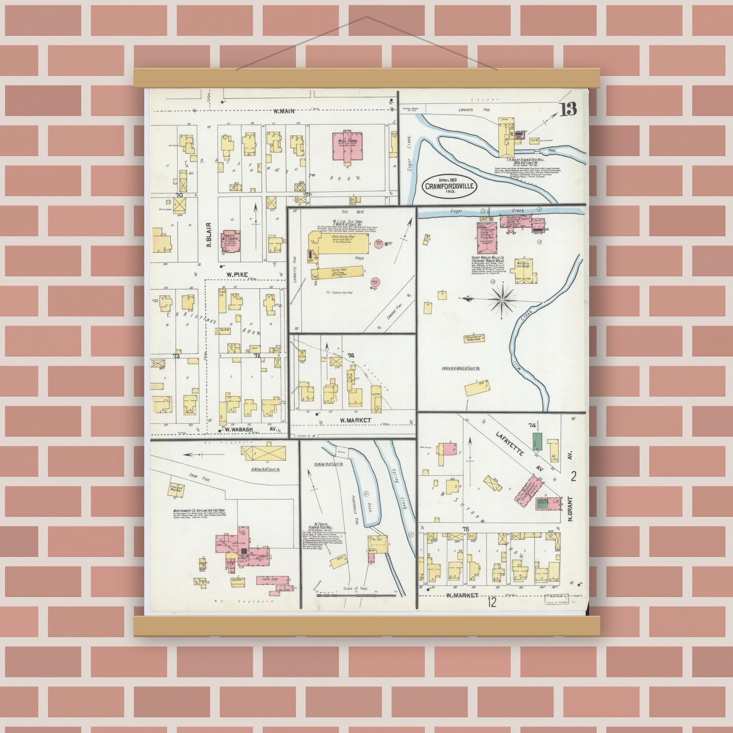 Old map wall art mockup — magnetic wood frame on brick wall — Sanborn Fire Insurance Map from Crawfordsville, Montgomery County, Indiana (1902), Sheet #0013