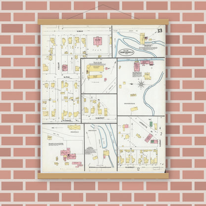 Old map wall art mockup — magnetic wood frame on brick wall — Sanborn Fire Insurance Map from Crawfordsville, Montgomery County, Indiana (1902), Sheet #0013