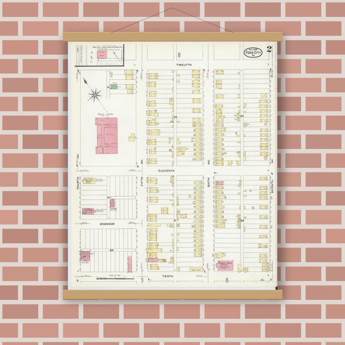 Old map wall art mockup — magnetic wood frame on brick wall — Sanborn Fire Insurance Map from Ford City, Armstrong County, Pennsylvania (1908), Sheet #0002