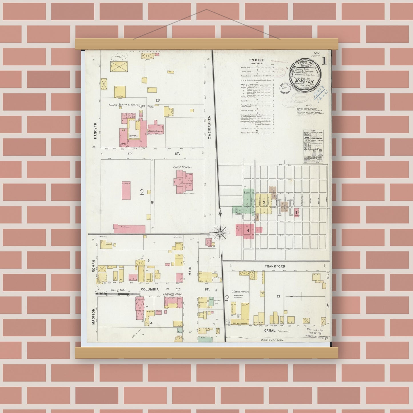 Old map wall art mockup — magnetic wood frame on brick wall — Sanborn Fire Insurance Map from Minster, Auglaize County, Ohio (1899) - Complete Map Set