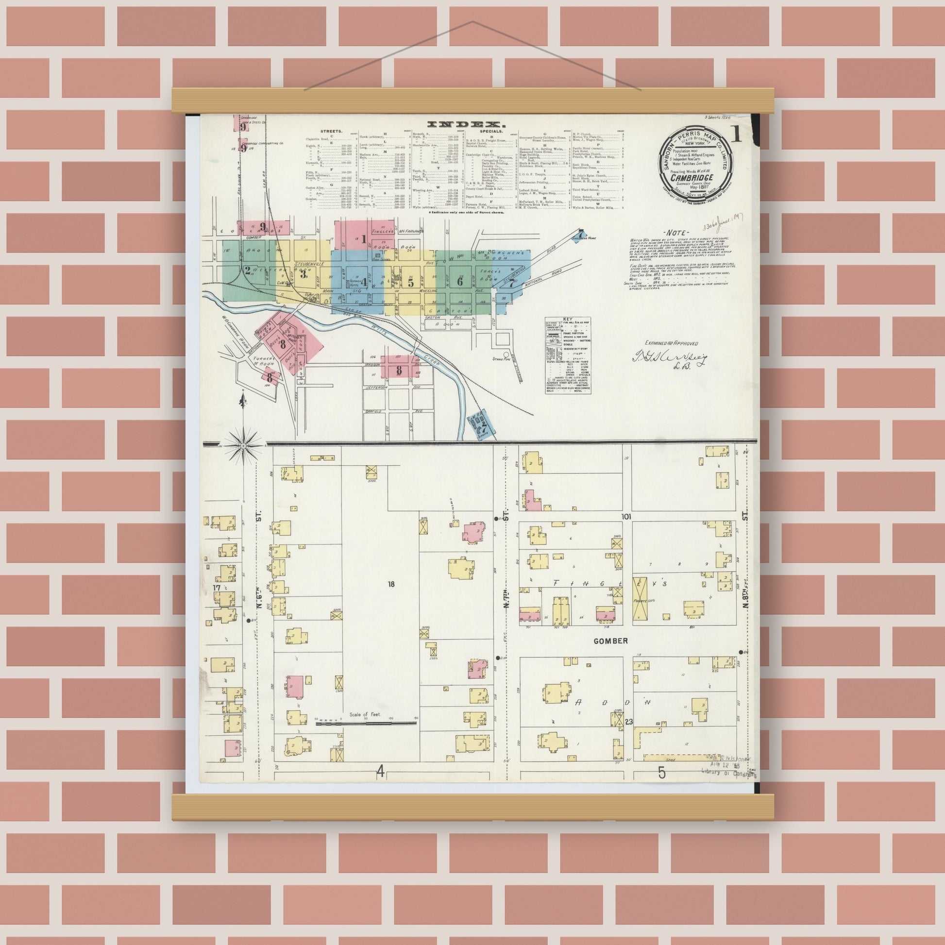 Old map wall art mockup — magnetic wood frame on brick wall — Sanborn Fire Insurance Map from Cambridge, Guernsey County, Ohio (1897) - Complete Map Set
