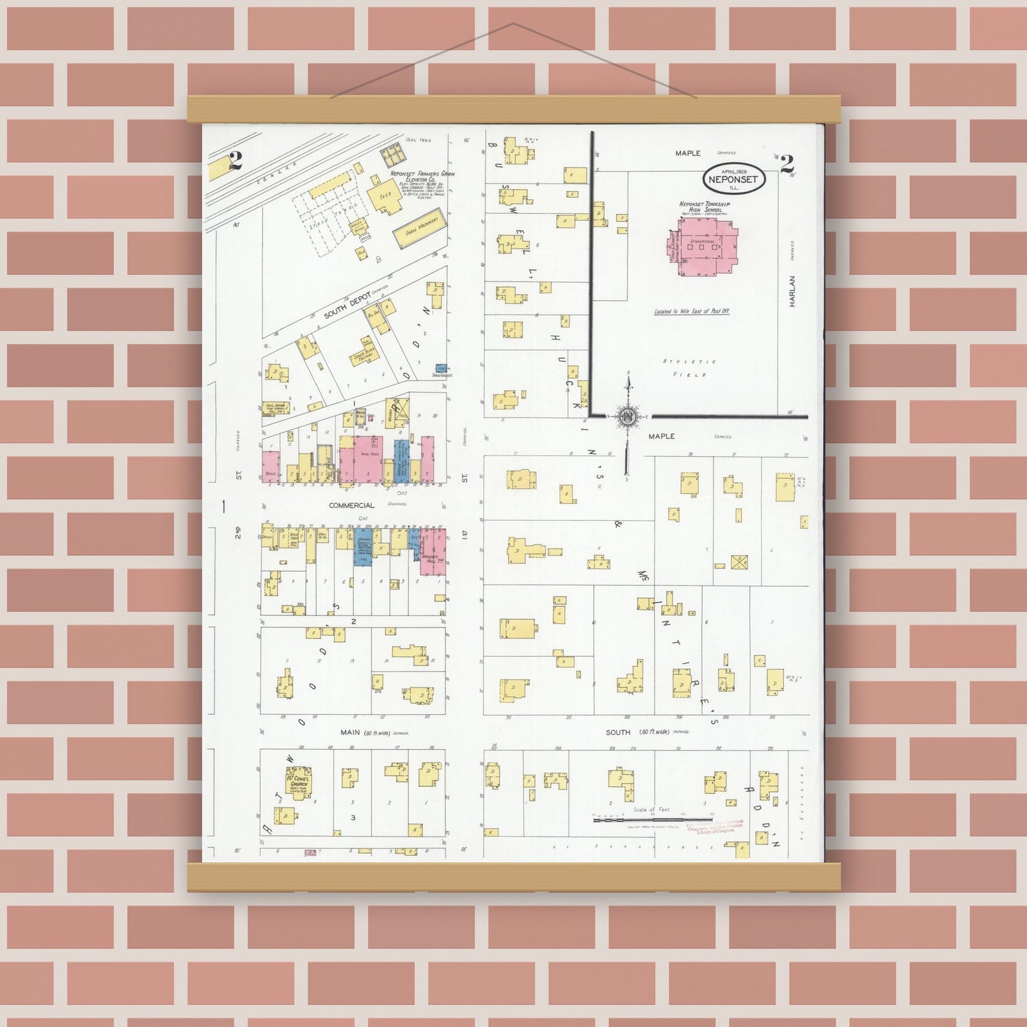 Old map wall art mockup — magnetic wood frame on brick wall — Sanborn Fire Insurance Map from Neponset, Bureau County, Illinois (1928), Sheet #0002