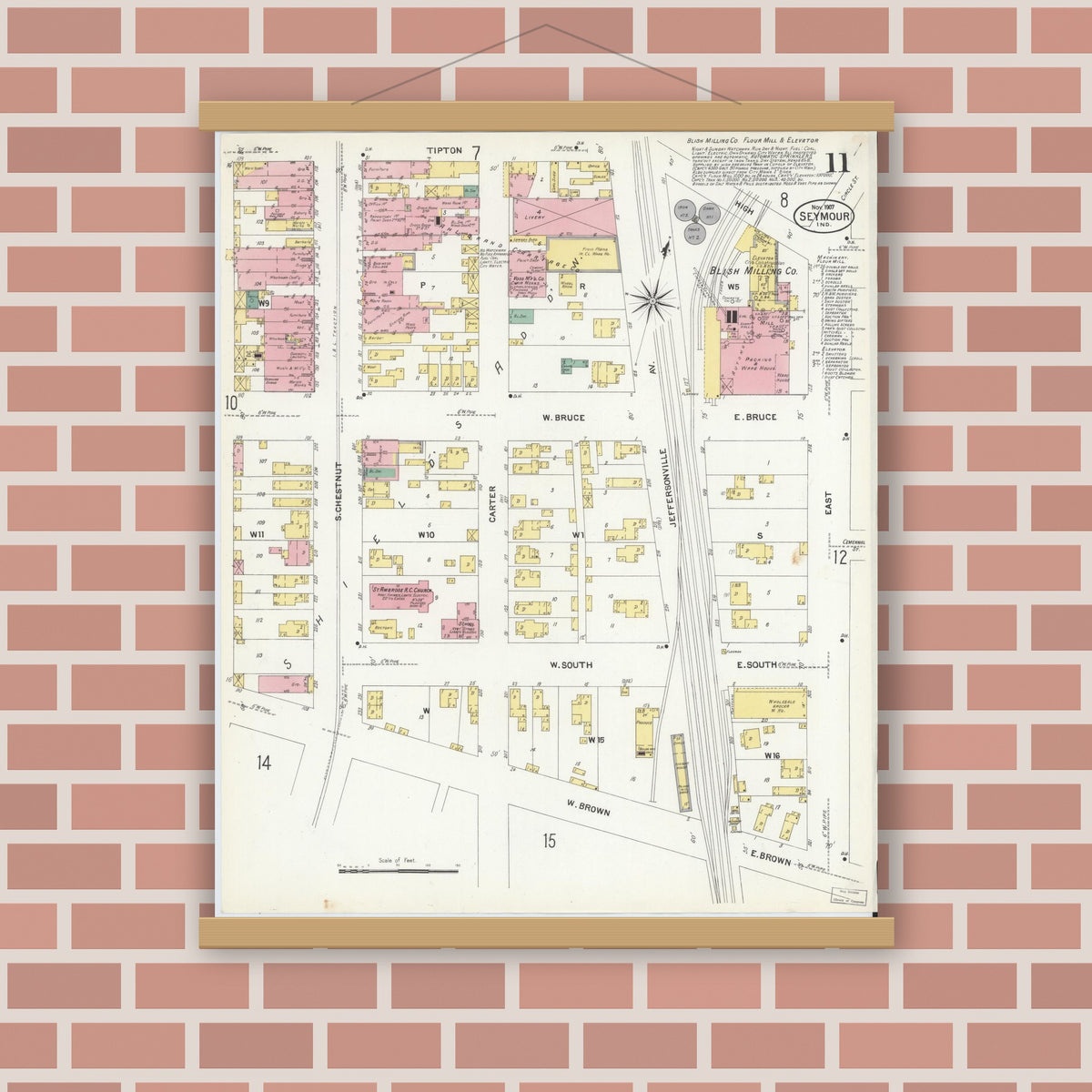 Old map wall art mockup — magnetic wood frame on brick wall — Sanborn Fire Insurance Map from Seymour, Jackson County, Indiana (1907), Sheet #0011