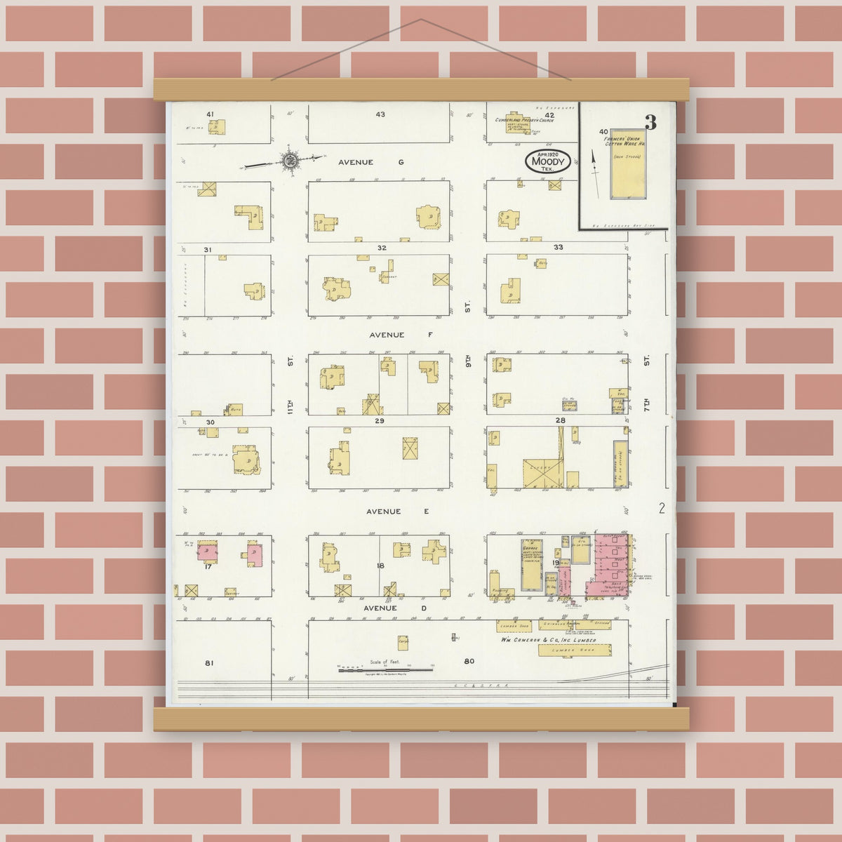 Old map wall art mockup — magnetic wood frame on brick wall — Sanborn Fire Insurance Map from Moody, McLennan County, Texas (1920), Sheet #0003