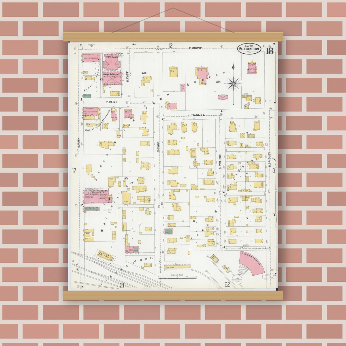 Old map wall art mockup — magnetic wood frame on brick wall — Sanborn Fire Insurance Map from Bloomington, McLean County, Illinois (1901), Sheet #0018