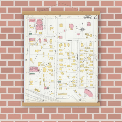 Old map wall art mockup — magnetic wood frame on brick wall — Sanborn Fire Insurance Map from Bloomington, McLean County, Illinois (1901), Sheet #0018