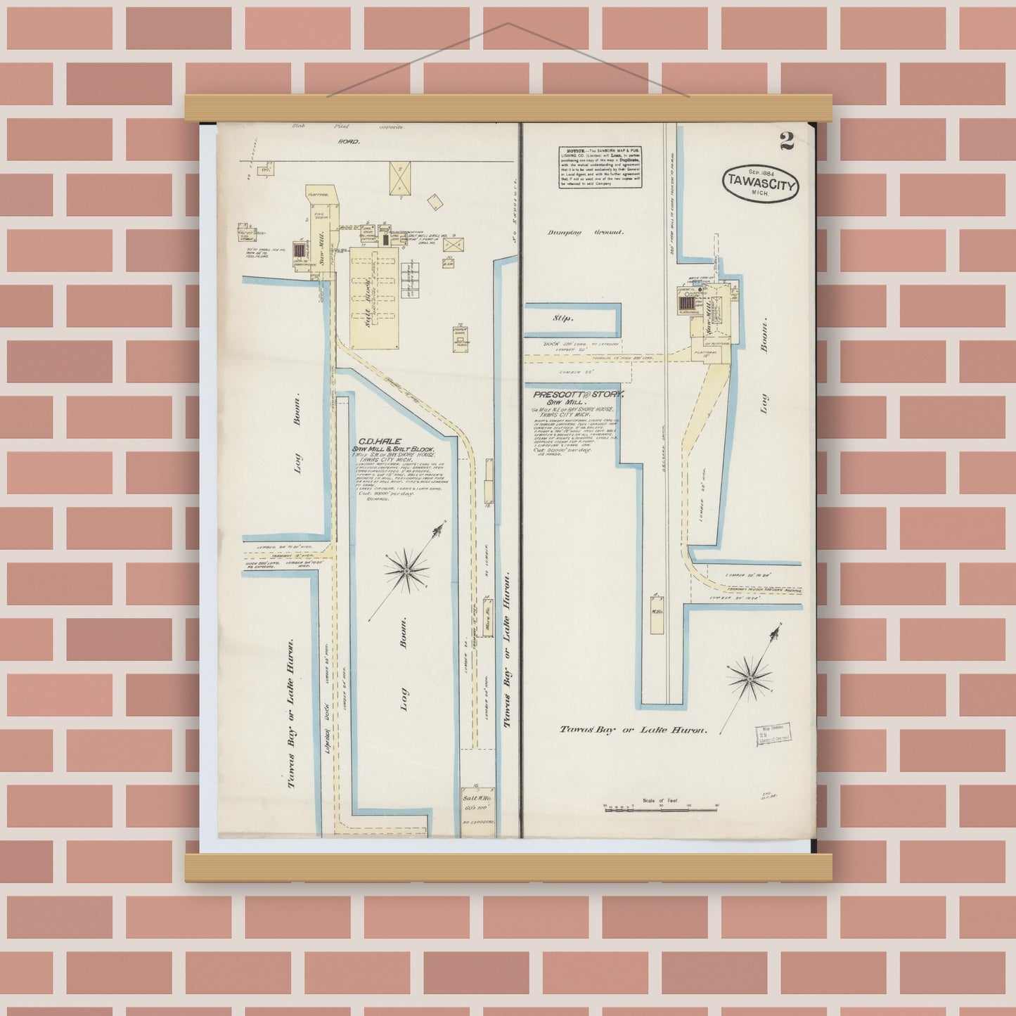 Old map wall art mockup — magnetic wood frame on brick wall — Sanborn Fire Insurance Map from Tawas City, Iosco County, Michigan (1884), Sheet #0002