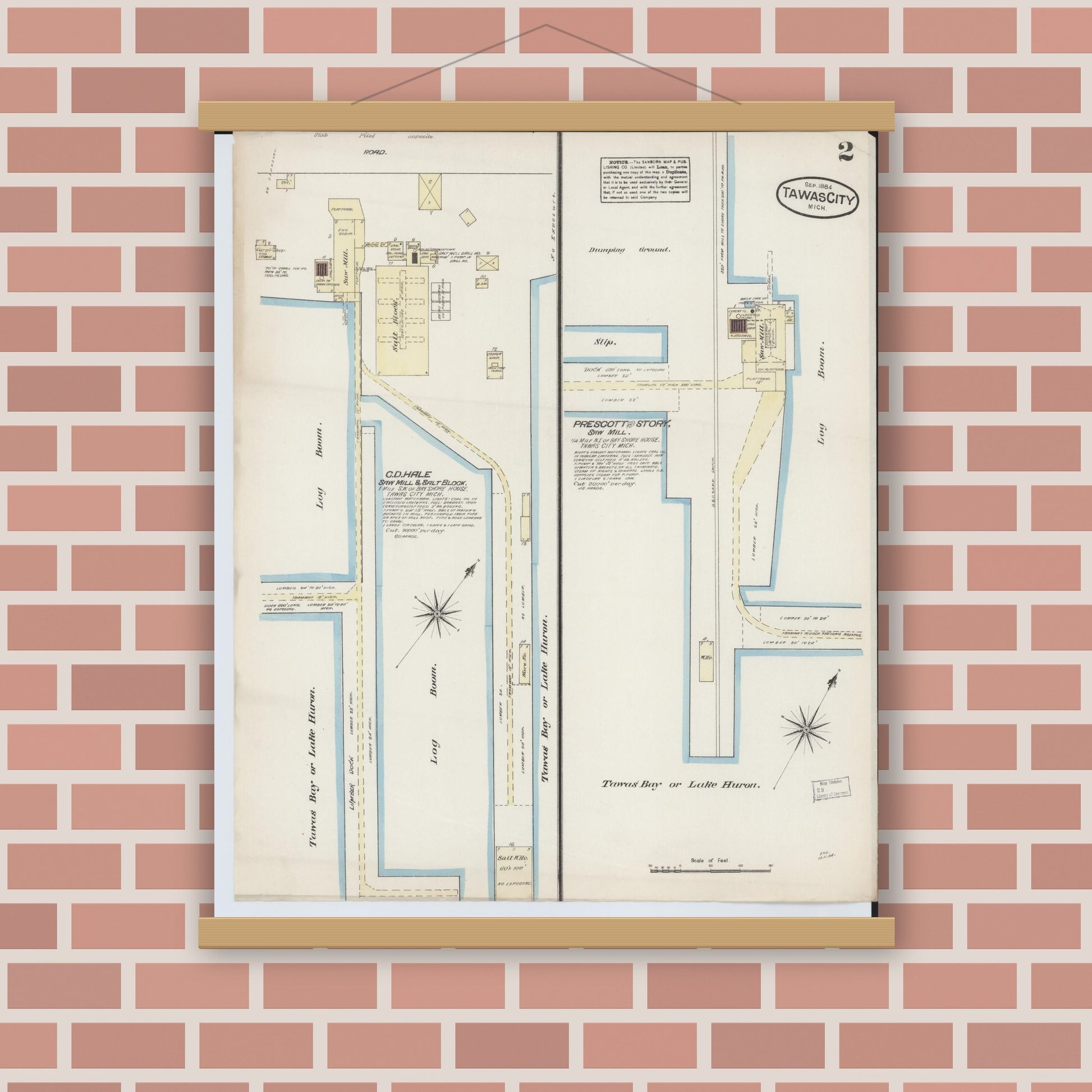 Old map wall art mockup — magnetic wood frame on brick wall — Sanborn Fire Insurance Map from Tawas City, Iosco County, Michigan (1884), Sheet #0002