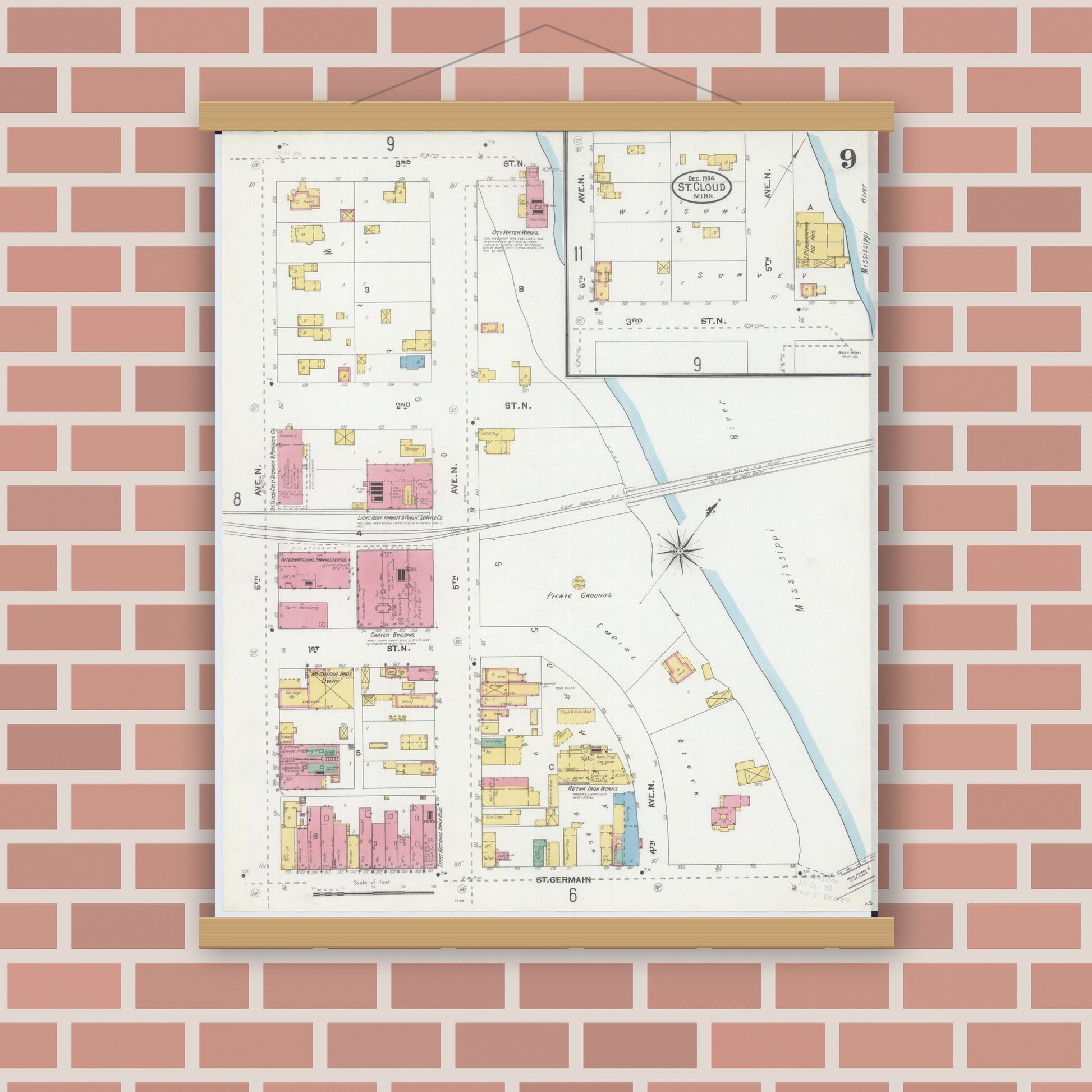 Old map wall art mockup — magnetic wood frame on brick wall — Sanborn Fire Insurance Map from Saint Cloud, Stearns, Benton, and Sherburne Counties, Minnesota (1904), Sheet #0009