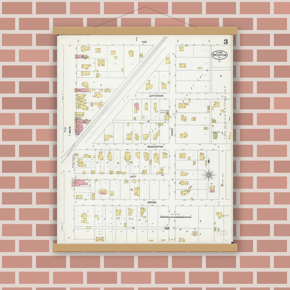 Old map wall art mockup — magnetic wood frame on brick wall — Sanborn Fire Insurance Map from Brighton, Macoupin County, Illinois (1900), Sheet #0003