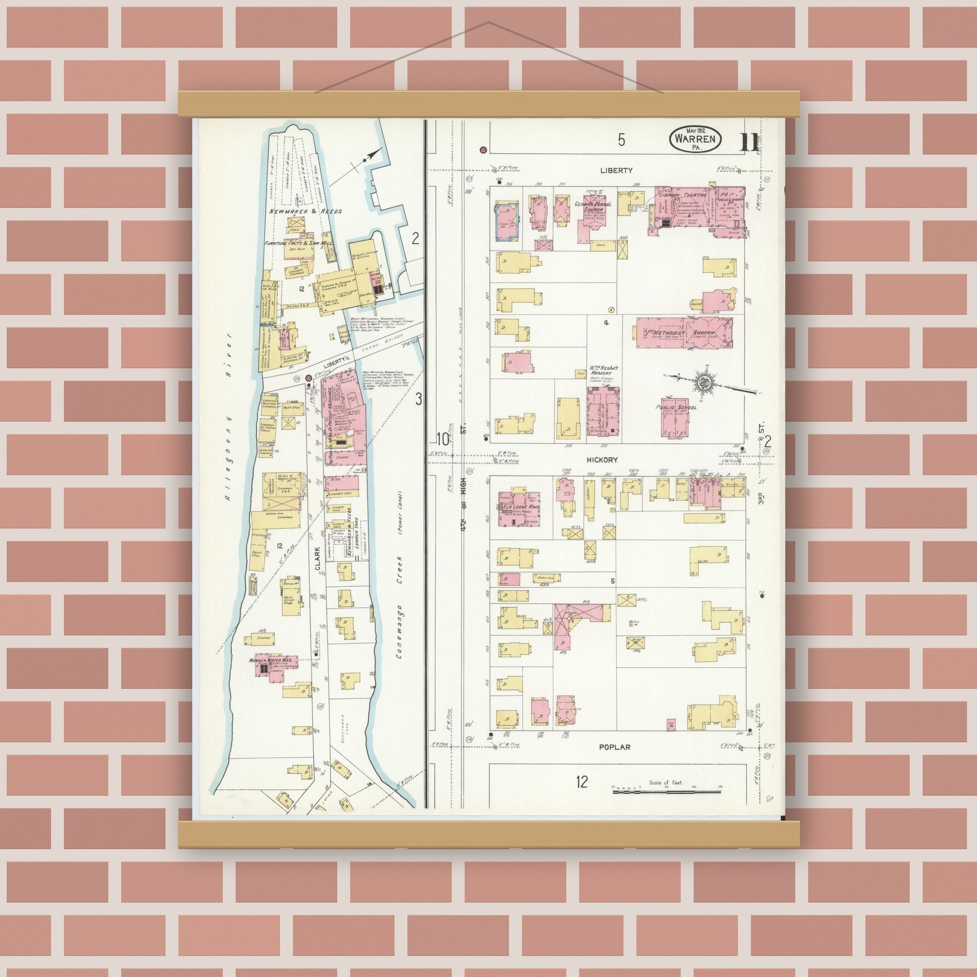 Old map wall art mockup — magnetic wood frame on brick wall — Sanborn Fire Insurance Map from Warren, Warren County, Pennsylvania (1912), Sheet #0011