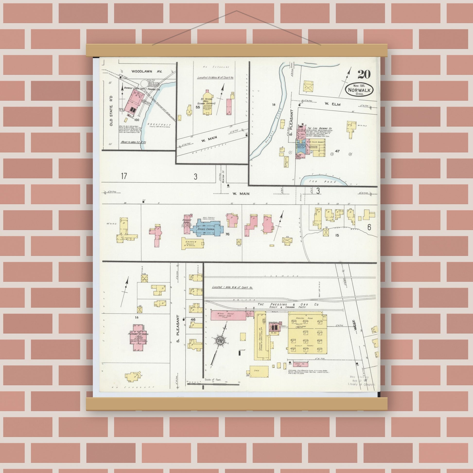 Old map wall art mockup — magnetic wood frame on brick wall — Sanborn Fire Insurance Map from Norwalk, Huron County, Ohio (1911), Sheet #0020