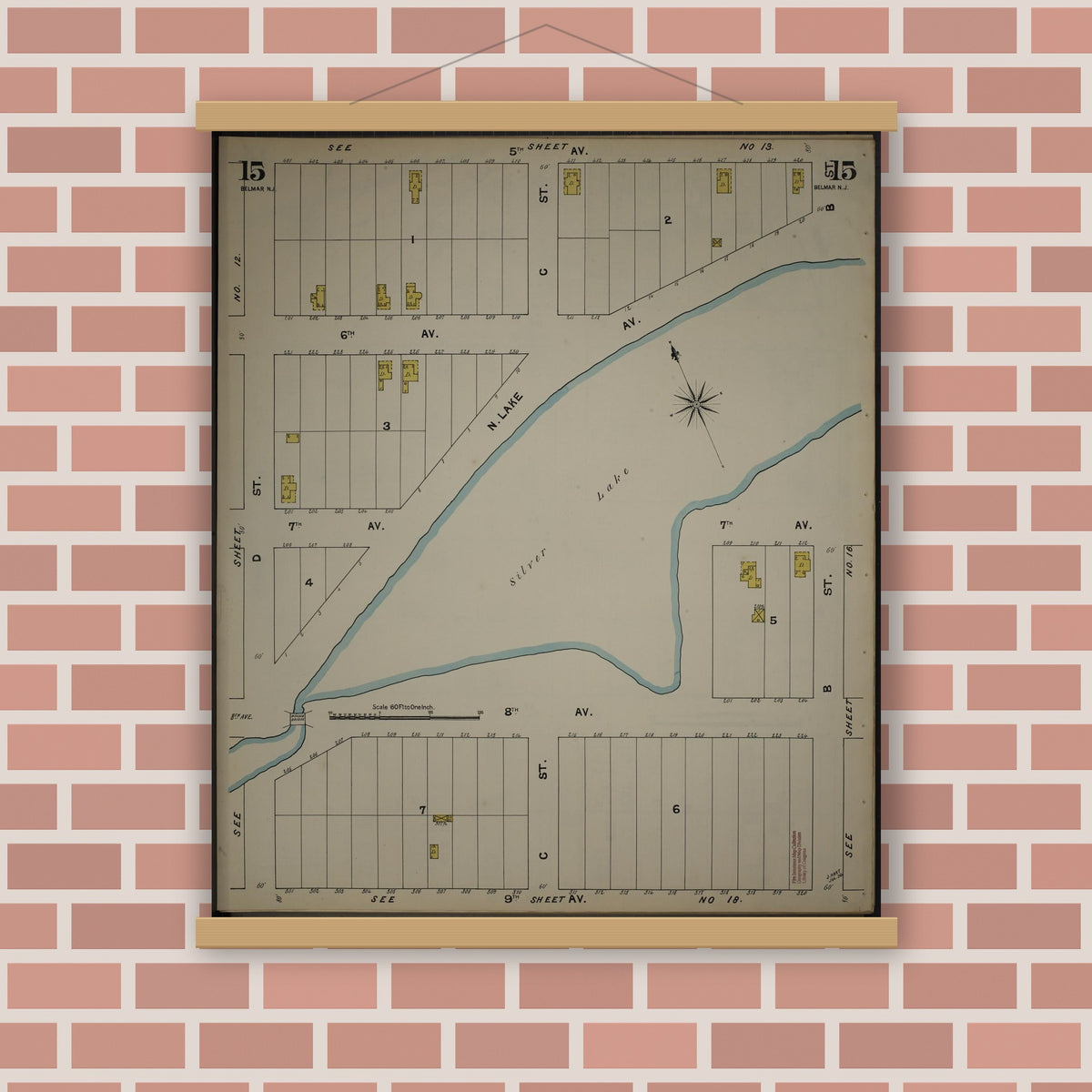 Old map wall art mockup — magnetic wood frame on brick wall — Sanborn Fire Insurance Map from New Jersey Coast, New Jersey Coast, New Jersey (1890), Sheet #0015