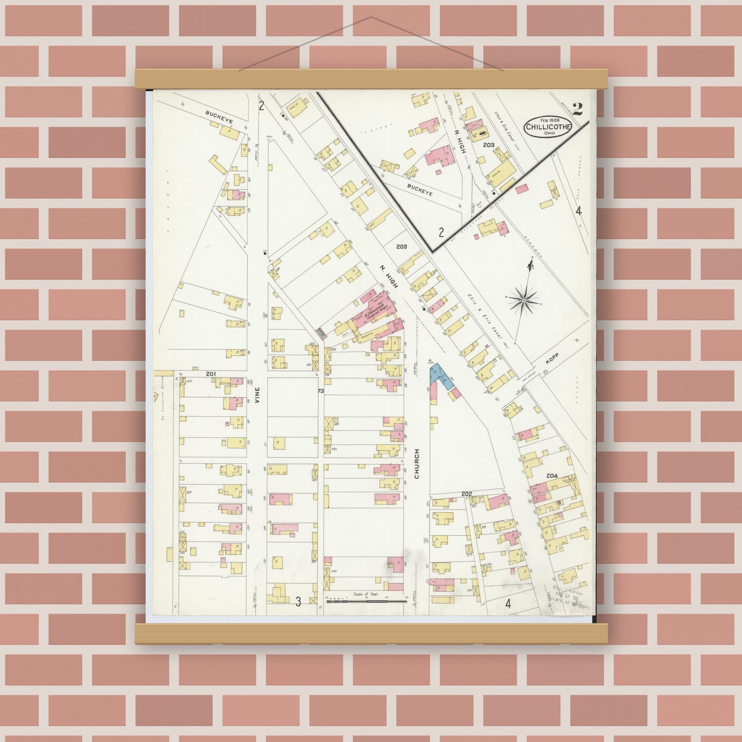 Old map wall art mockup — magnetic wood frame on brick wall — Sanborn Fire Insurance Map from Chillicothe, Ross County, Ohio (1909), Sheet #0002