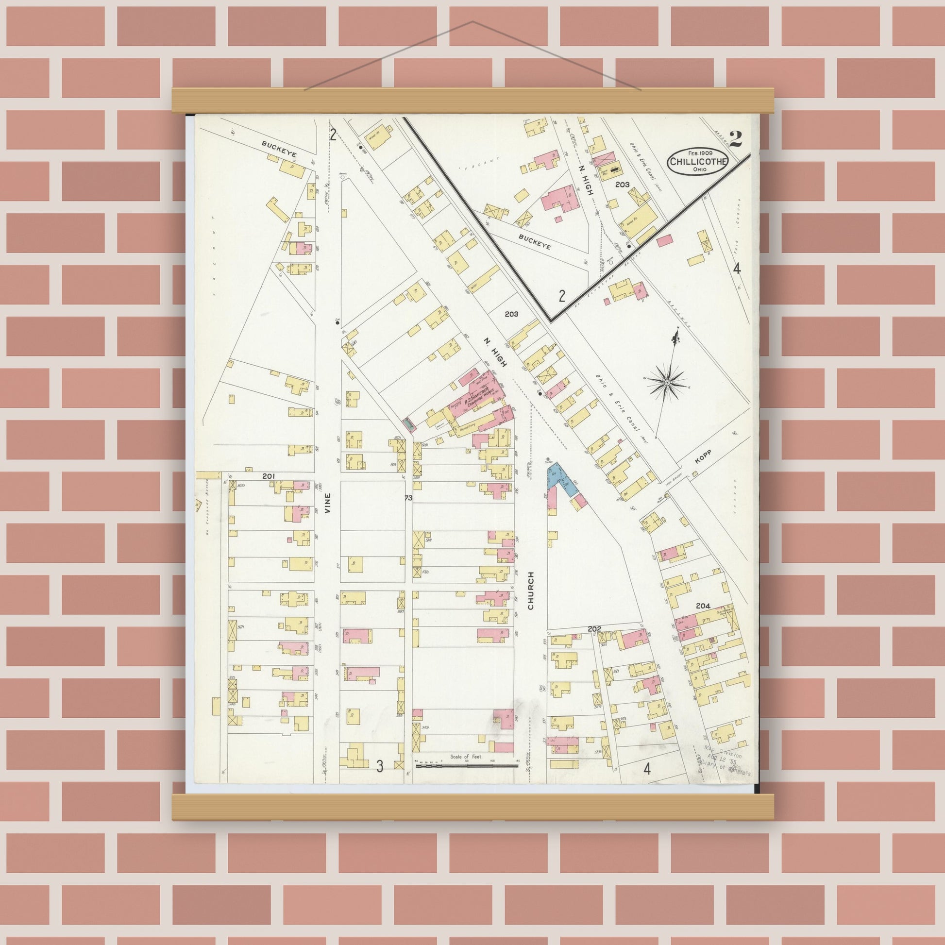 Old map wall art mockup — magnetic wood frame on brick wall — Sanborn Fire Insurance Map from Chillicothe, Ross County, Ohio (1909), Sheet #0002