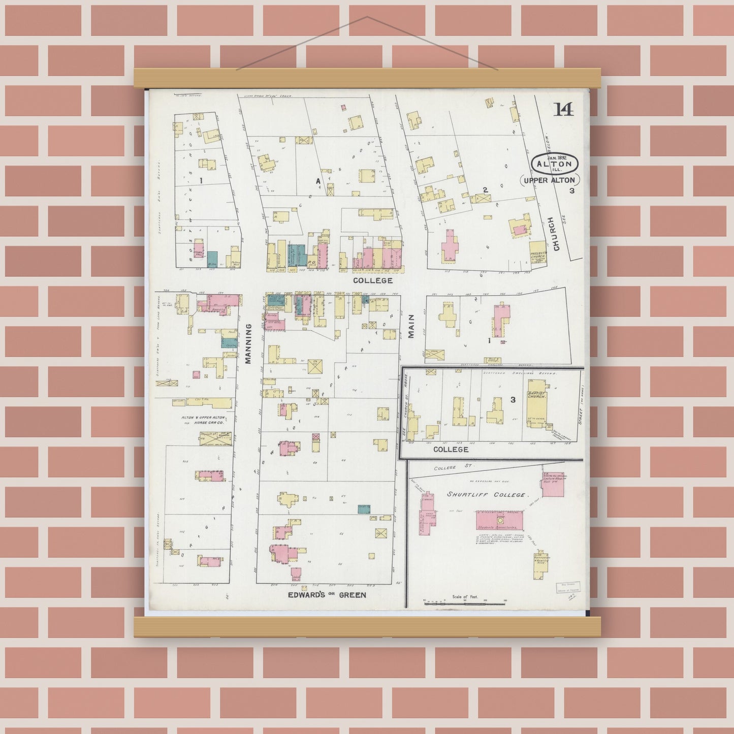 Old map wall art mockup — magnetic wood frame on brick wall — Sanborn Fire Insurance Map from Alton, Madison County, Illinois (1892), Sheet #0014