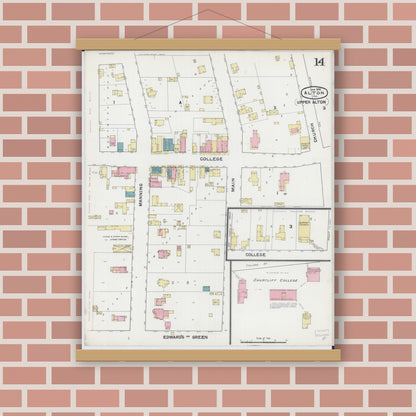 Old map wall art mockup — magnetic wood frame on brick wall — Sanborn Fire Insurance Map from Alton, Madison County, Illinois (1892), Sheet #0014