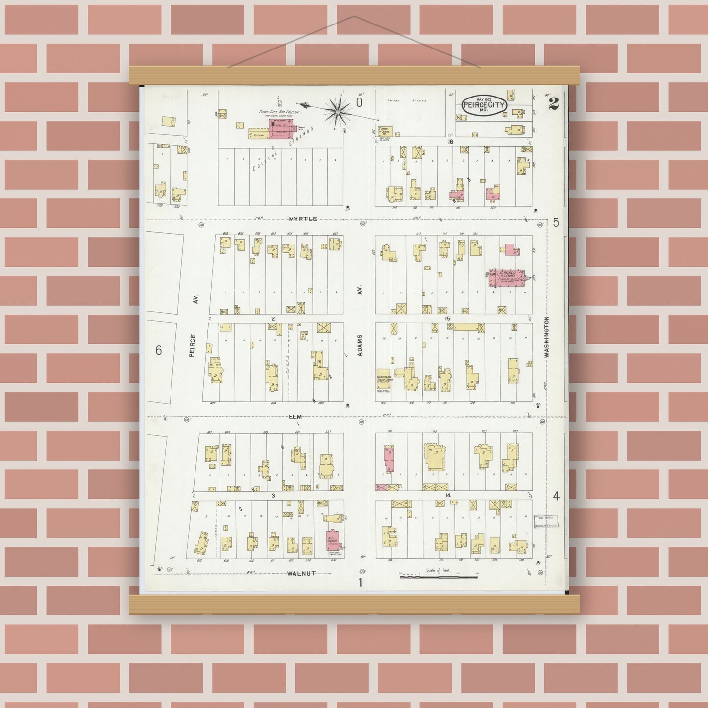 Old map wall art mockup — magnetic wood frame on brick wall — Sanborn Fire Insurance Map from Pierce City, Lawrence County, Missouri (1902), Sheet #0002