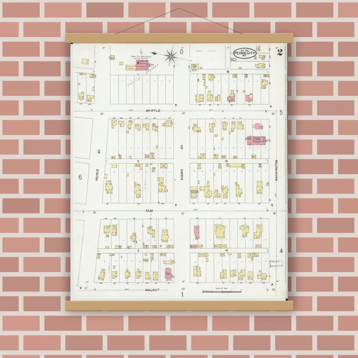 Old map wall art mockup — magnetic wood frame on brick wall — Sanborn Fire Insurance Map from Pierce City, Lawrence County, Missouri (1902), Sheet #0002