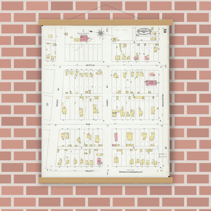 Old map wall art mockup — magnetic wood frame on brick wall — Sanborn Fire Insurance Map from Pierce City, Lawrence County, Missouri (1902), Sheet #0002