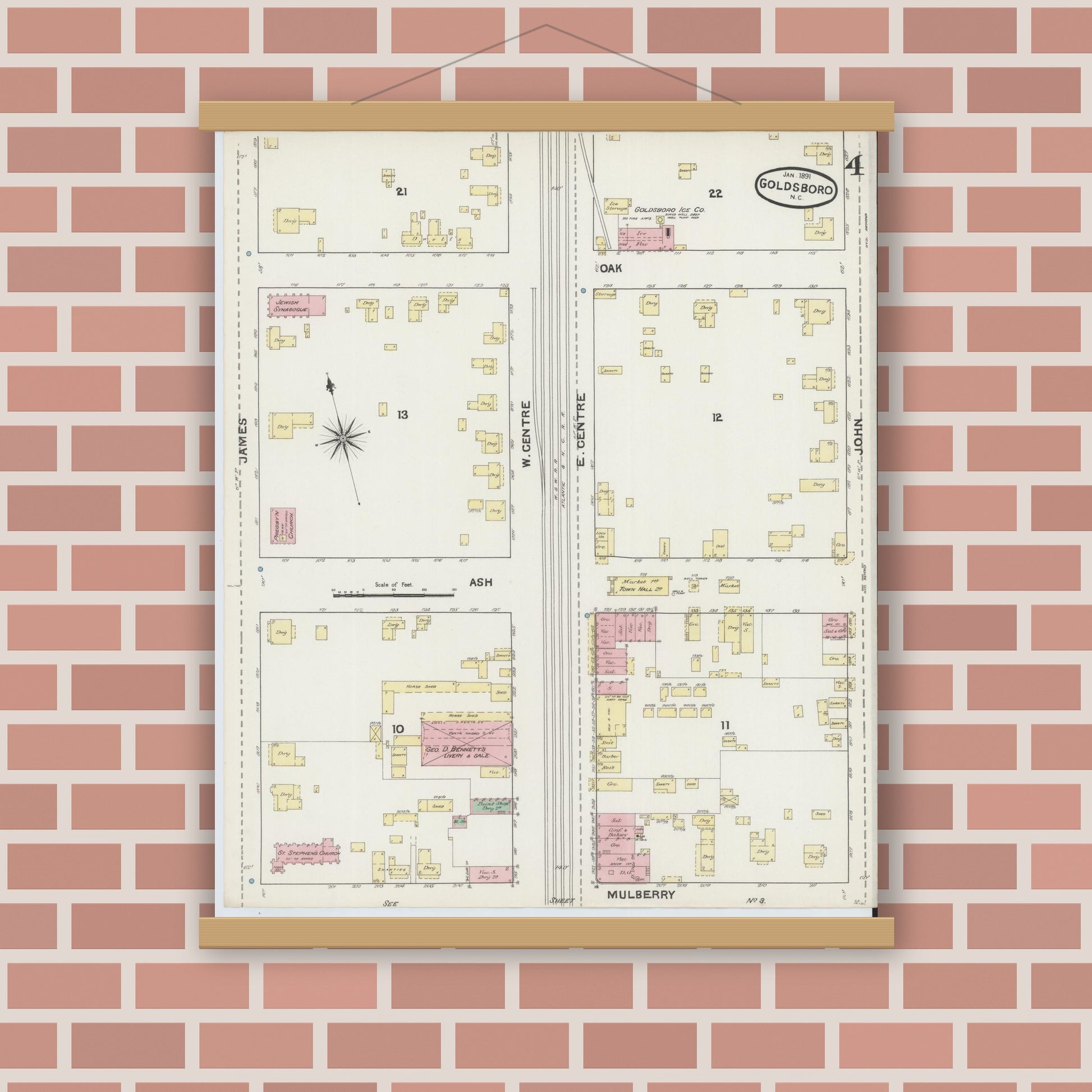 Old map wall art mockup — magnetic wood frame on brick wall — Sanborn Fire Insurance Map from Goldsboro, Wayne County, North Carolina (1891), Sheet #0004