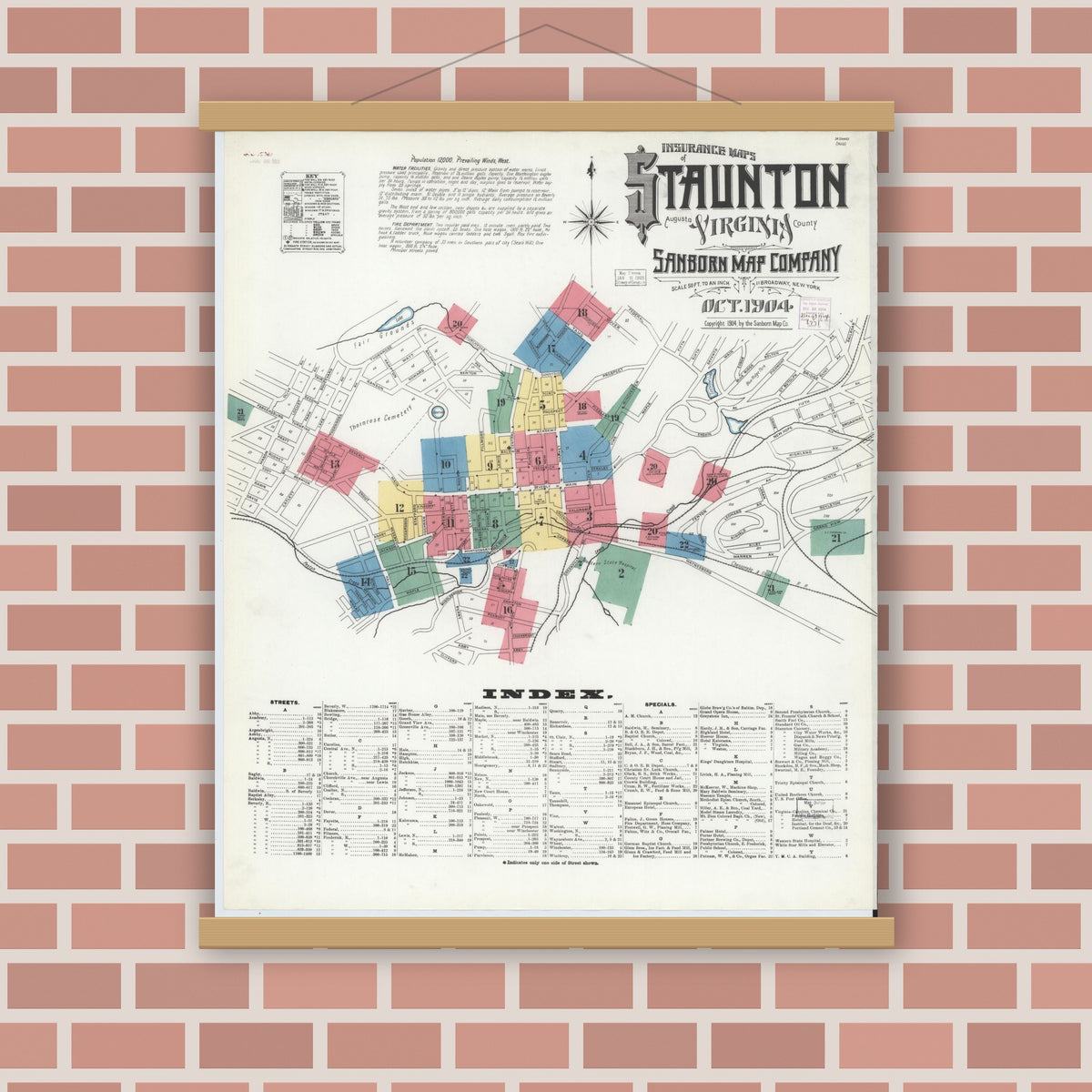 Old map wall art mockup — magnetic wood frame on brick wall — Sanborn Fire Insurance Map from Staunton, Independent Cities, Virginia (1904), Sheet #0001