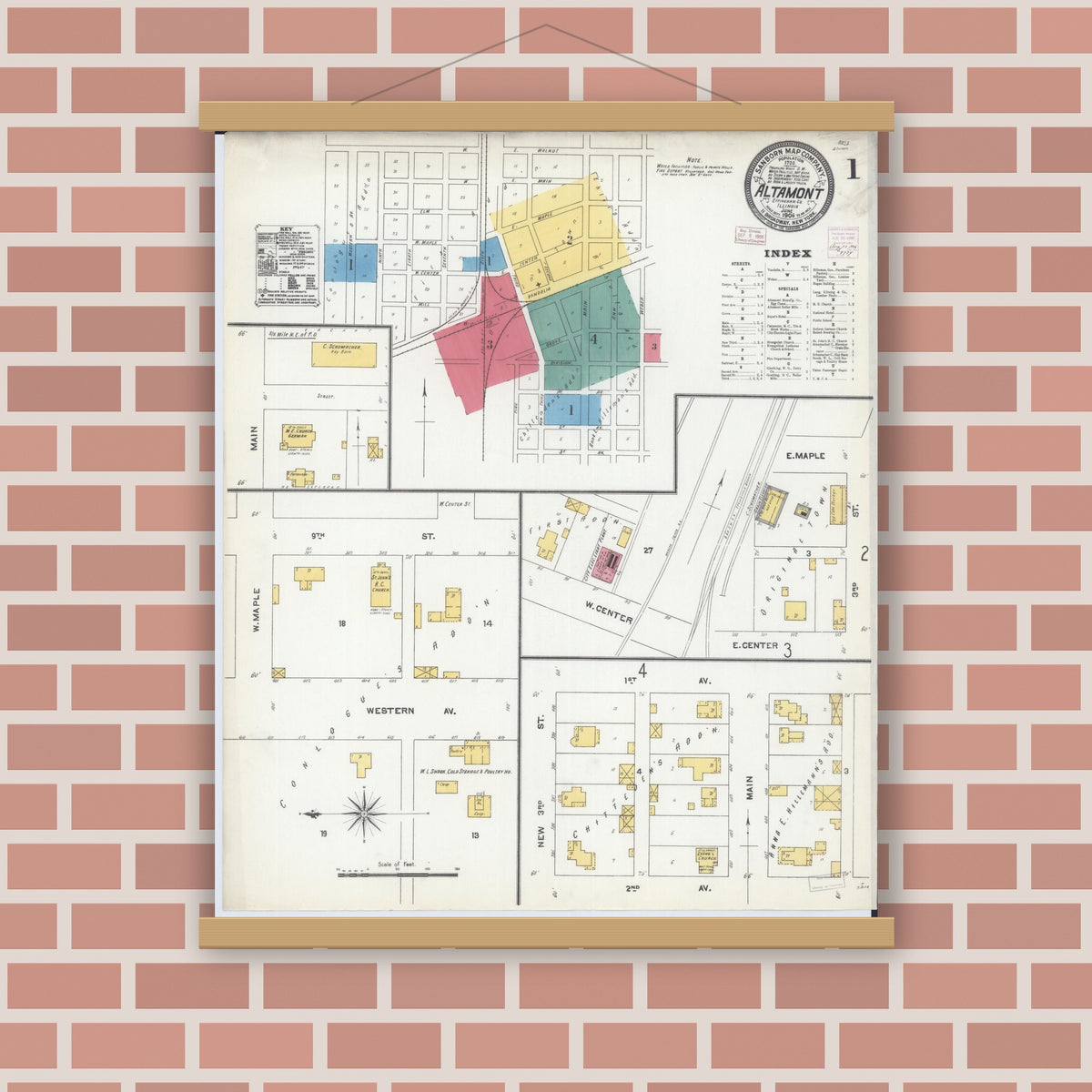 Old map wall art mockup — magnetic wood frame on brick wall — Sanborn Fire Insurance Map from Altamont, Effingham County, Illinois (1906) - Complete Map Set