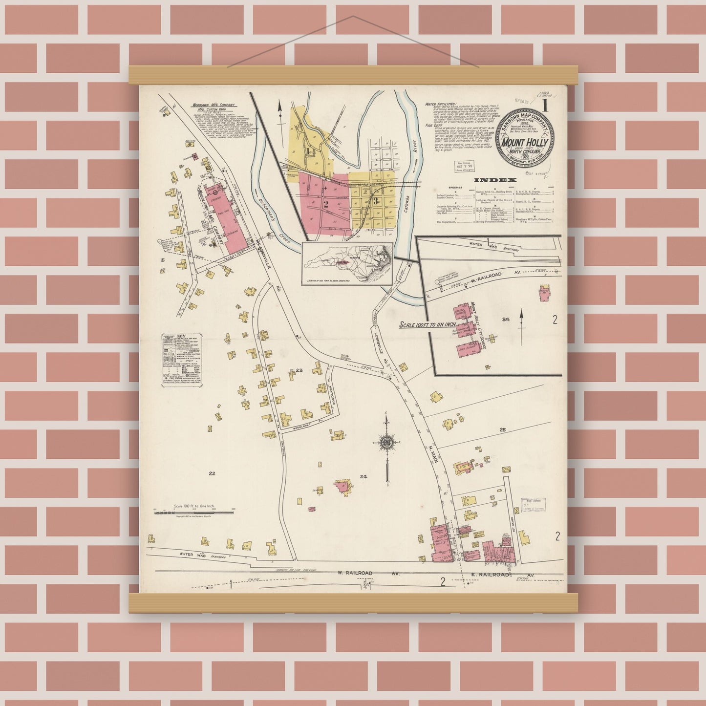 Old map wall art mockup — magnetic wood frame on brick wall — Sanborn Fire Insurance Map from Mount Holly, Gaston County, North Carolina (1922) - Complete Map Set