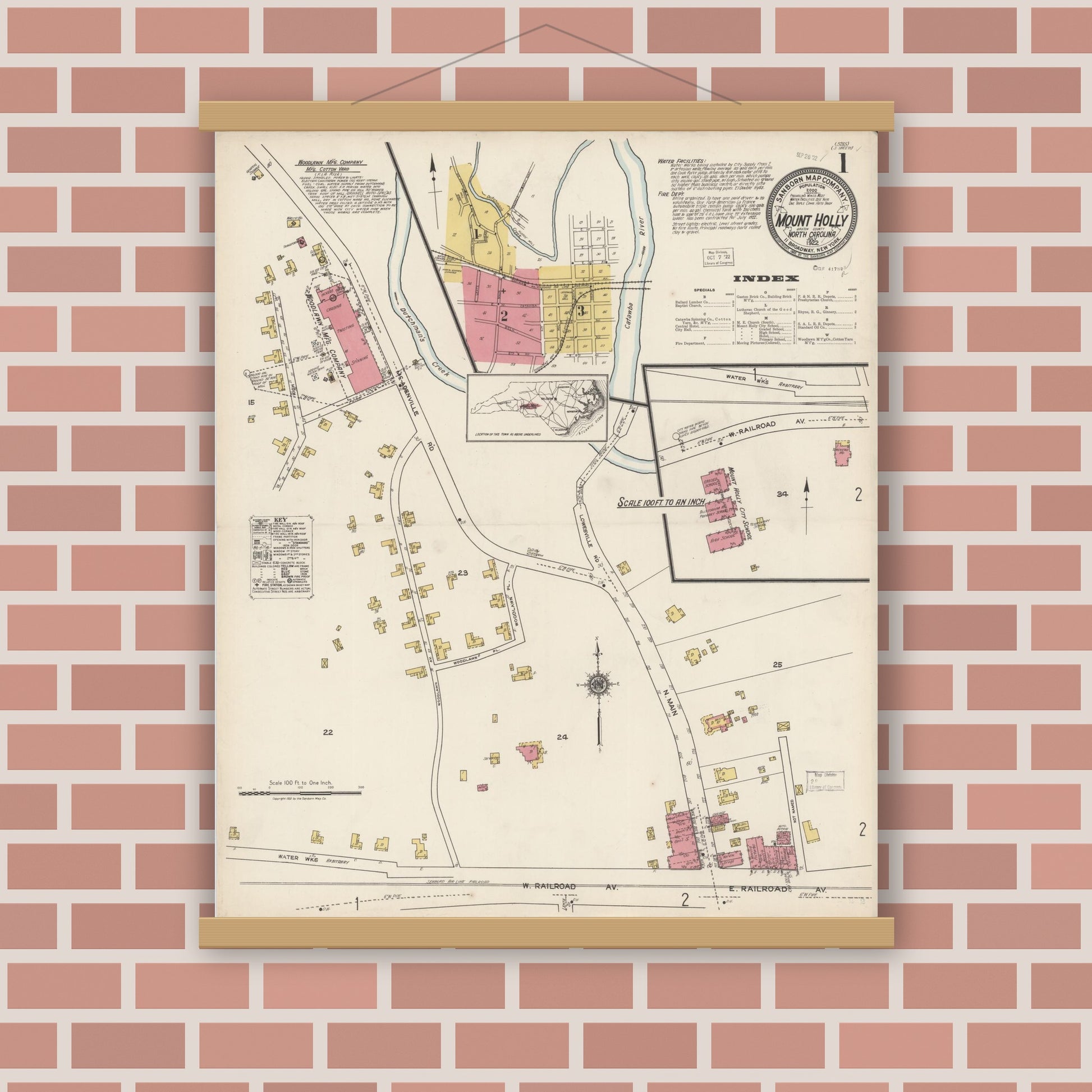 Old map wall art mockup — magnetic wood frame on brick wall — Sanborn Fire Insurance Map from Mount Holly, Gaston County, North Carolina (1922) - Complete Map Set