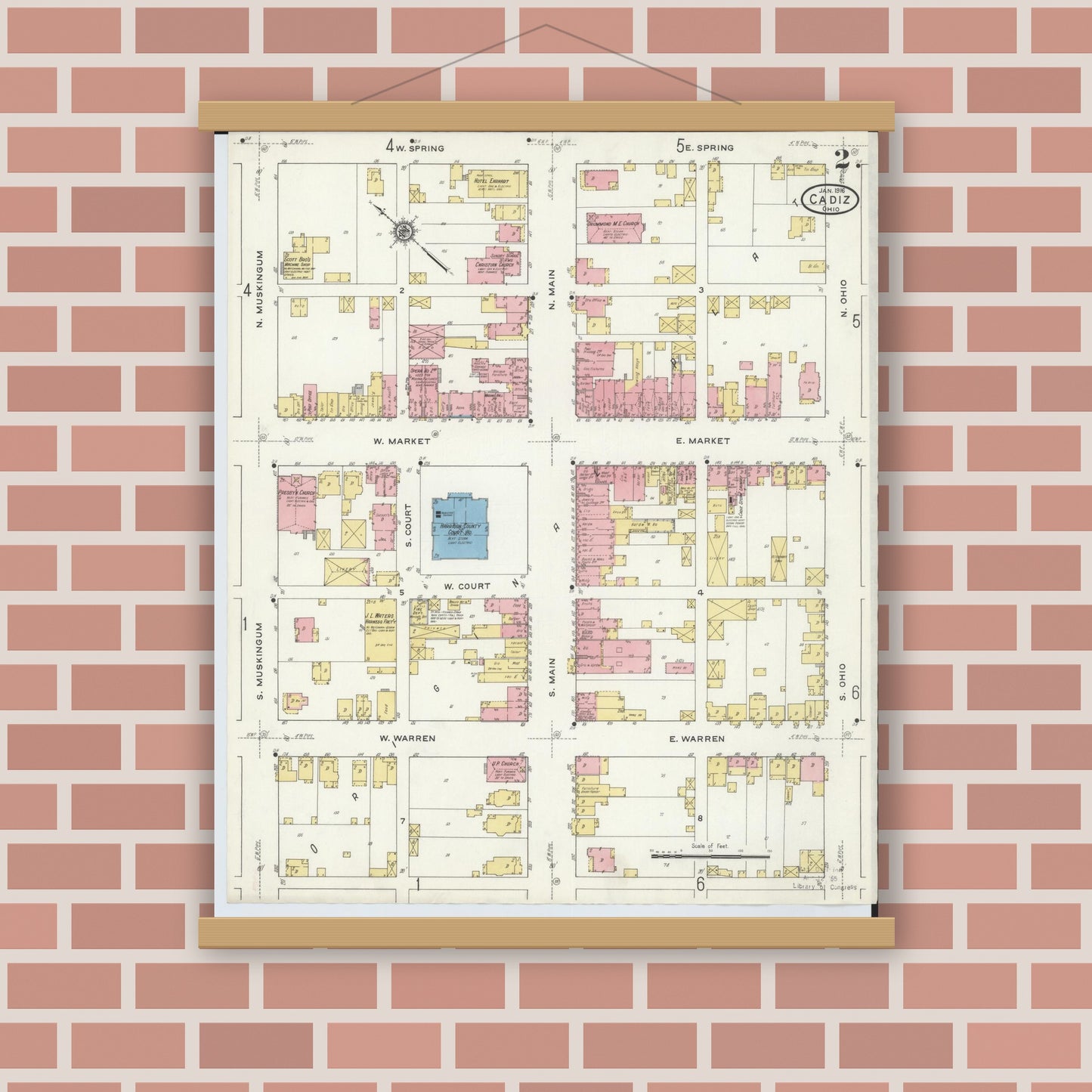 Old map wall art mockup — magnetic wood frame on brick wall — Sanborn Fire Insurance Map from Cadiz, Harrison County, Ohio (1916), Sheet #0002