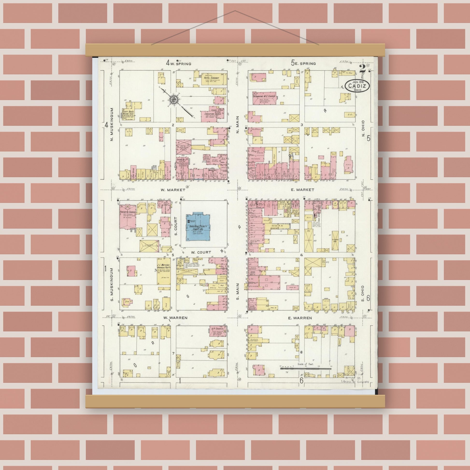 Old map wall art mockup — magnetic wood frame on brick wall — Sanborn Fire Insurance Map from Cadiz, Harrison County, Ohio (1916), Sheet #0002
