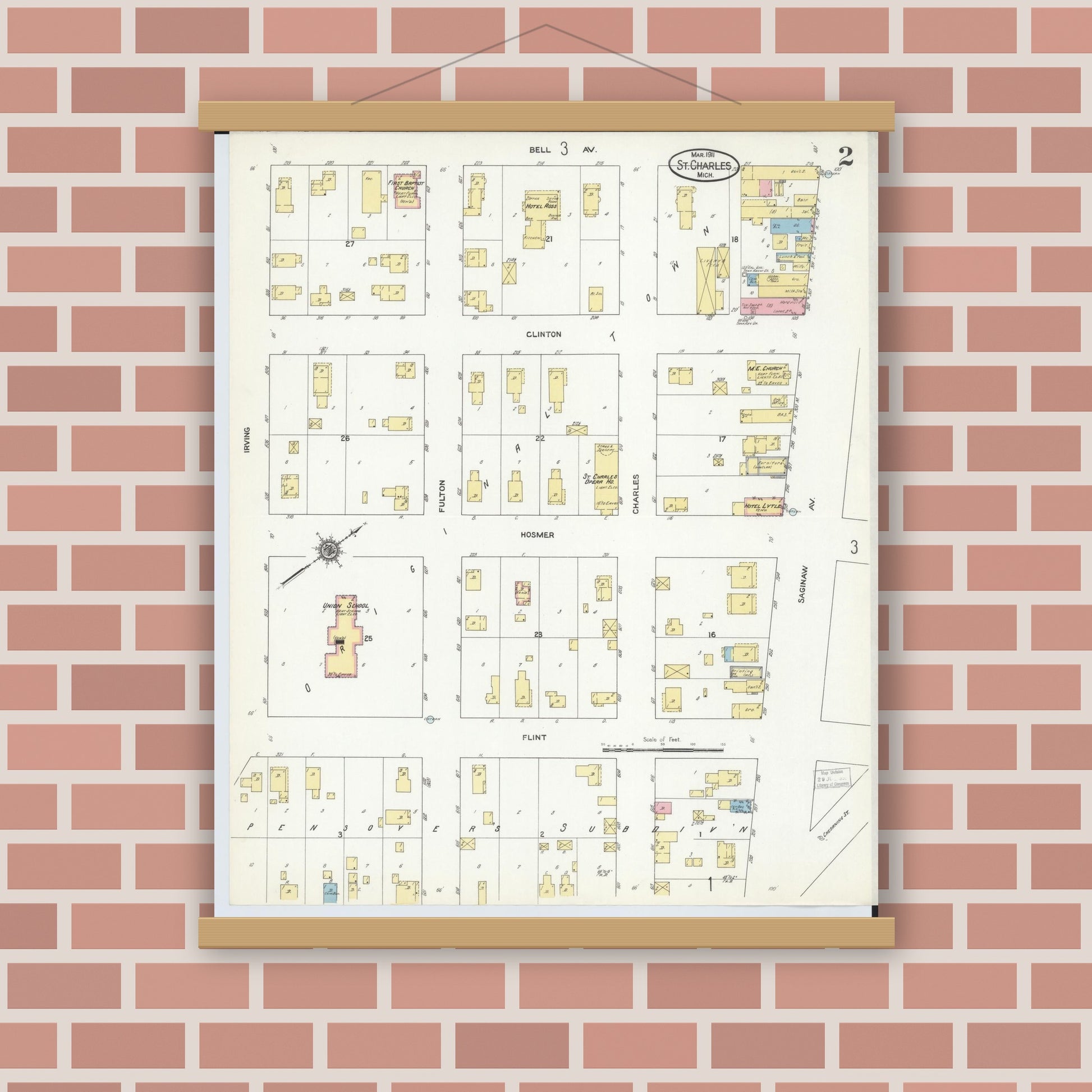 Old map wall art mockup — magnetic wood frame on brick wall — Sanborn Fire Insurance Map from Saint Charles, Saginaw County, Michigan (1911), Sheet #0002