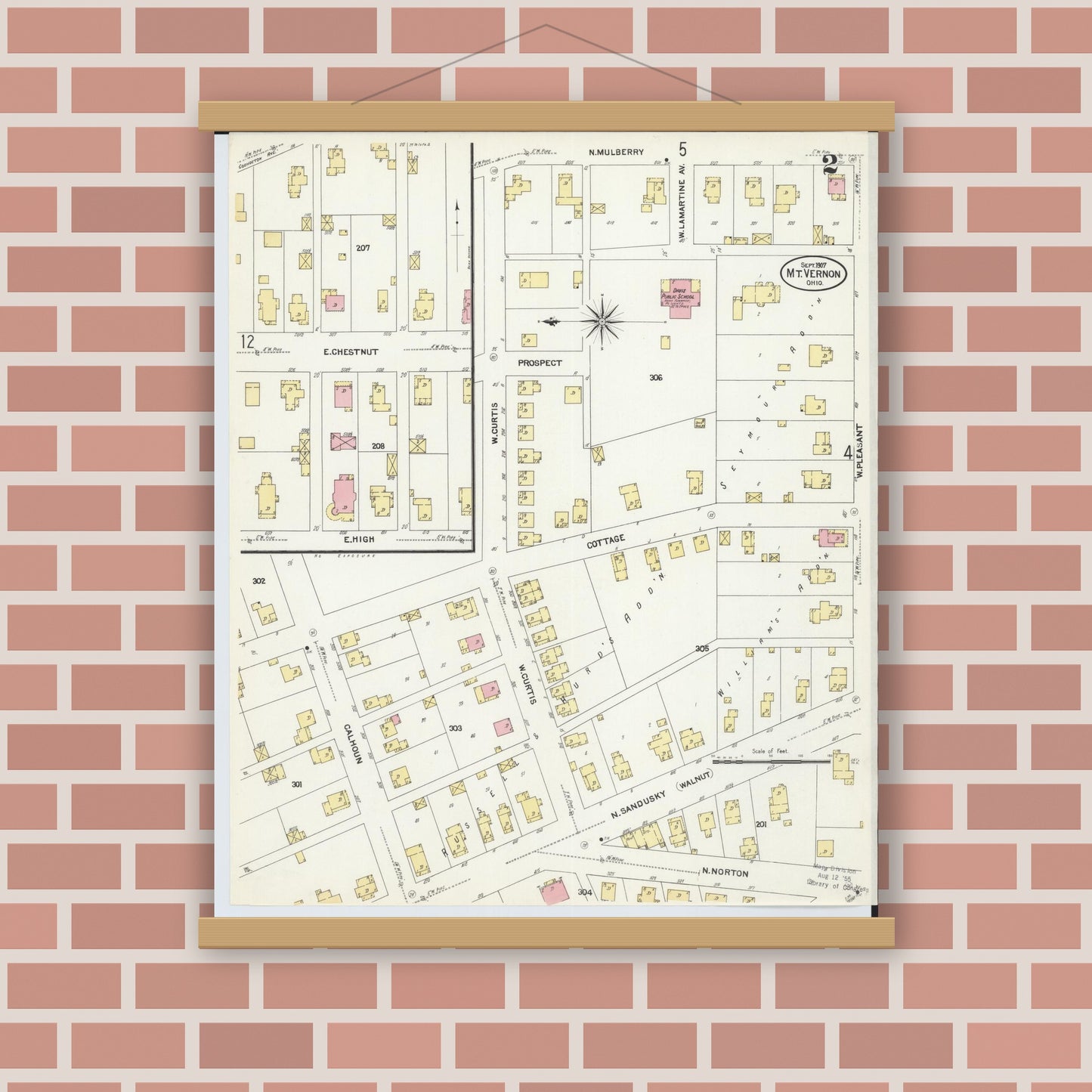 Old map wall art mockup — magnetic wood frame on brick wall — Sanborn Fire Insurance Map from Mount Vernon, Knox County, Ohio (1907), Sheet #0002