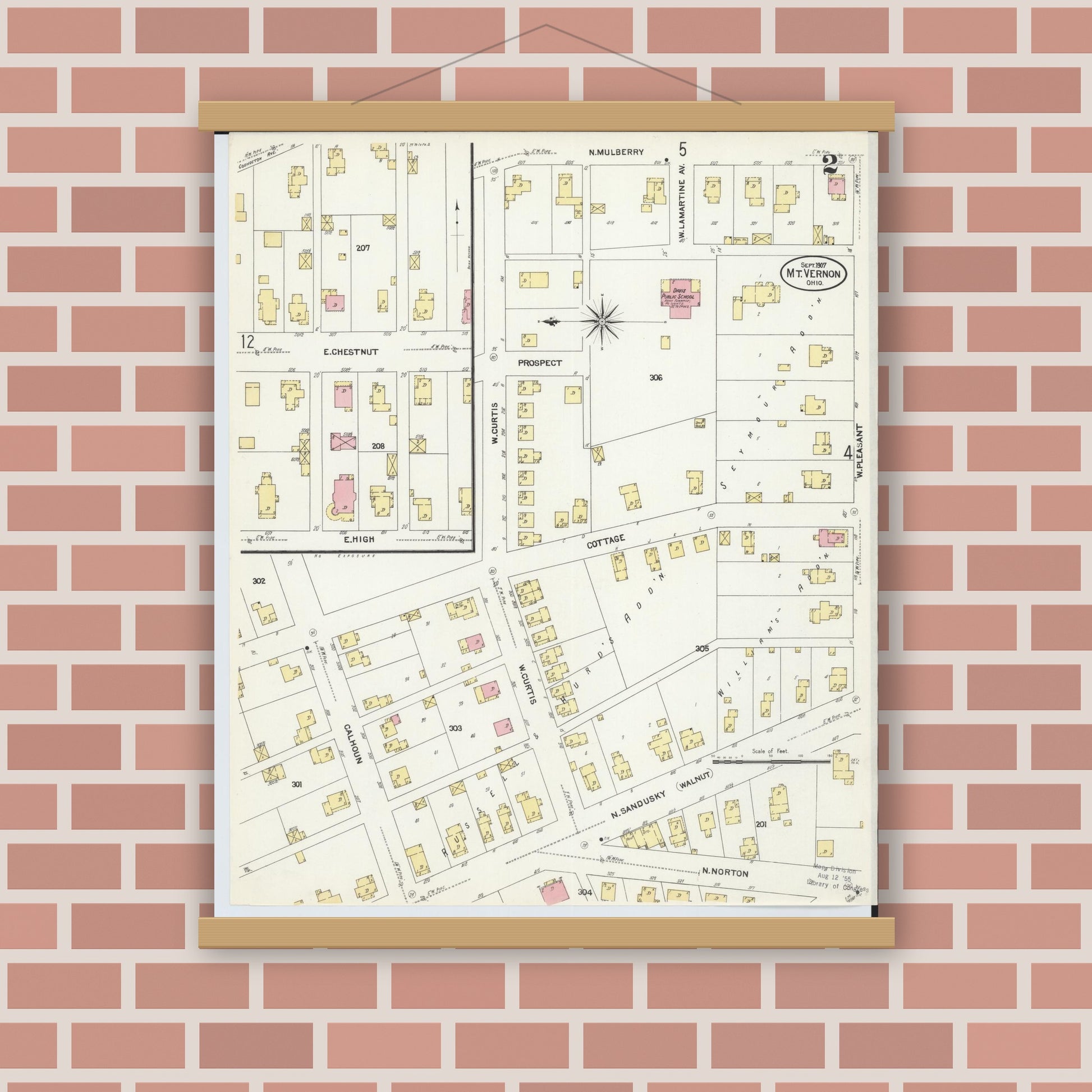 Old map wall art mockup — magnetic wood frame on brick wall — Sanborn Fire Insurance Map from Mount Vernon, Knox County, Ohio (1907), Sheet #0002