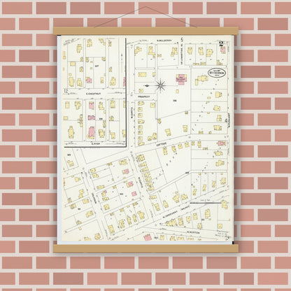 Old map wall art mockup — magnetic wood frame on brick wall — Sanborn Fire Insurance Map from Mount Vernon, Knox County, Ohio (1907), Sheet #0002