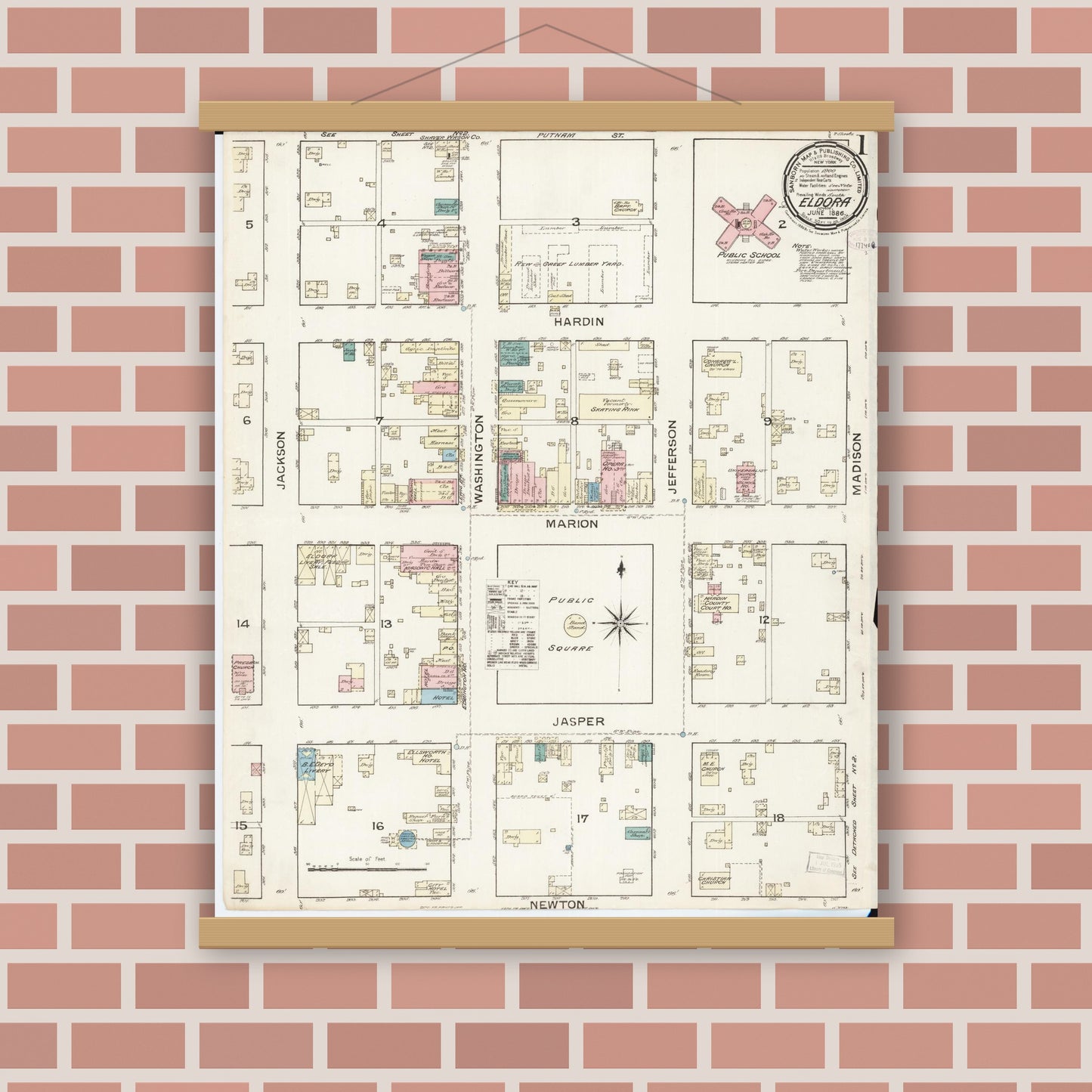 Old map wall art mockup — magnetic wood frame on brick wall — Sanborn Fire Insurance Map from Eldora, Hardin County, Iowa (1886) â€” Complete Set